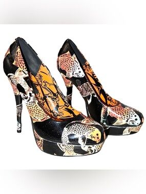 Just Fabulous Heels Woman’s Size 10 Black Orange White Goldfish Design
